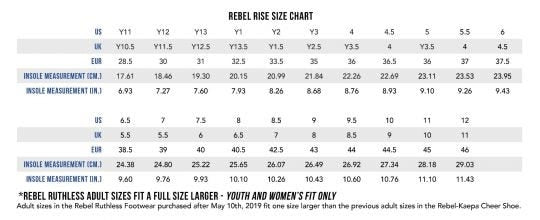 Rebel Athletic Rise Size Chart