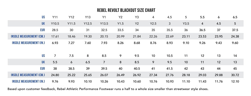 Rebel Athletic Revolt Size Chart