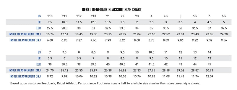 Rebel Athletic Renegade Size Chart