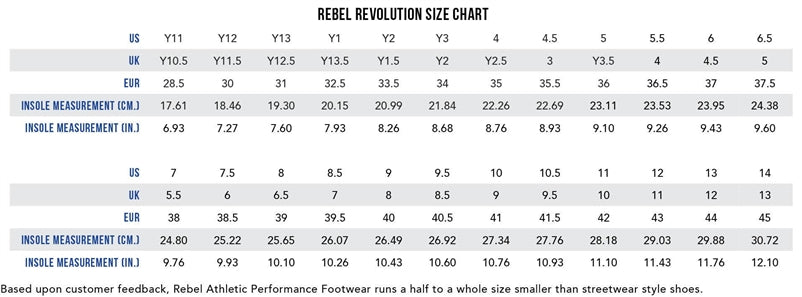 Rebel Athletic Revolution Size Chart