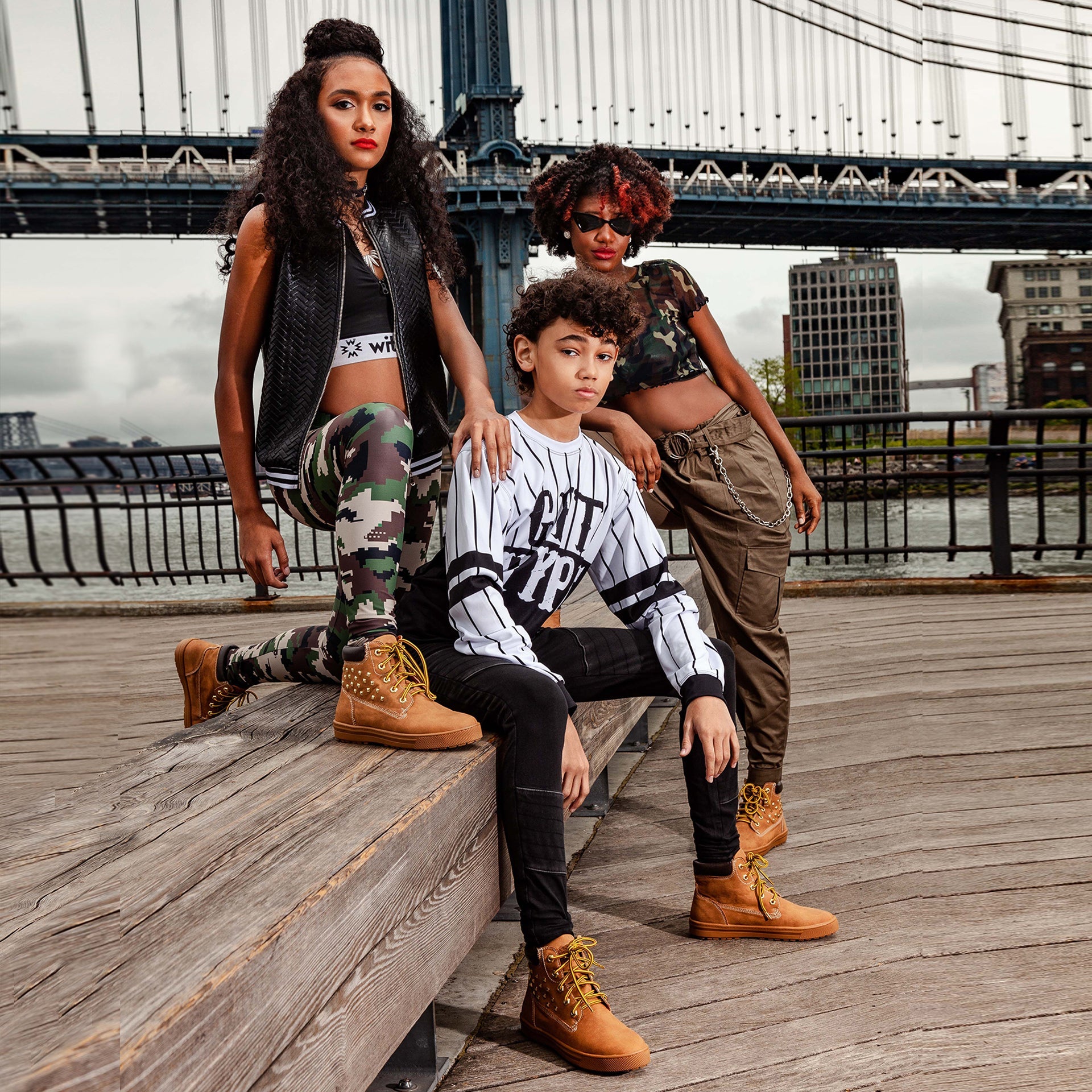 Two girls and a boy wearing Pastry Youth Sneaker Butter Boot in Wheat
