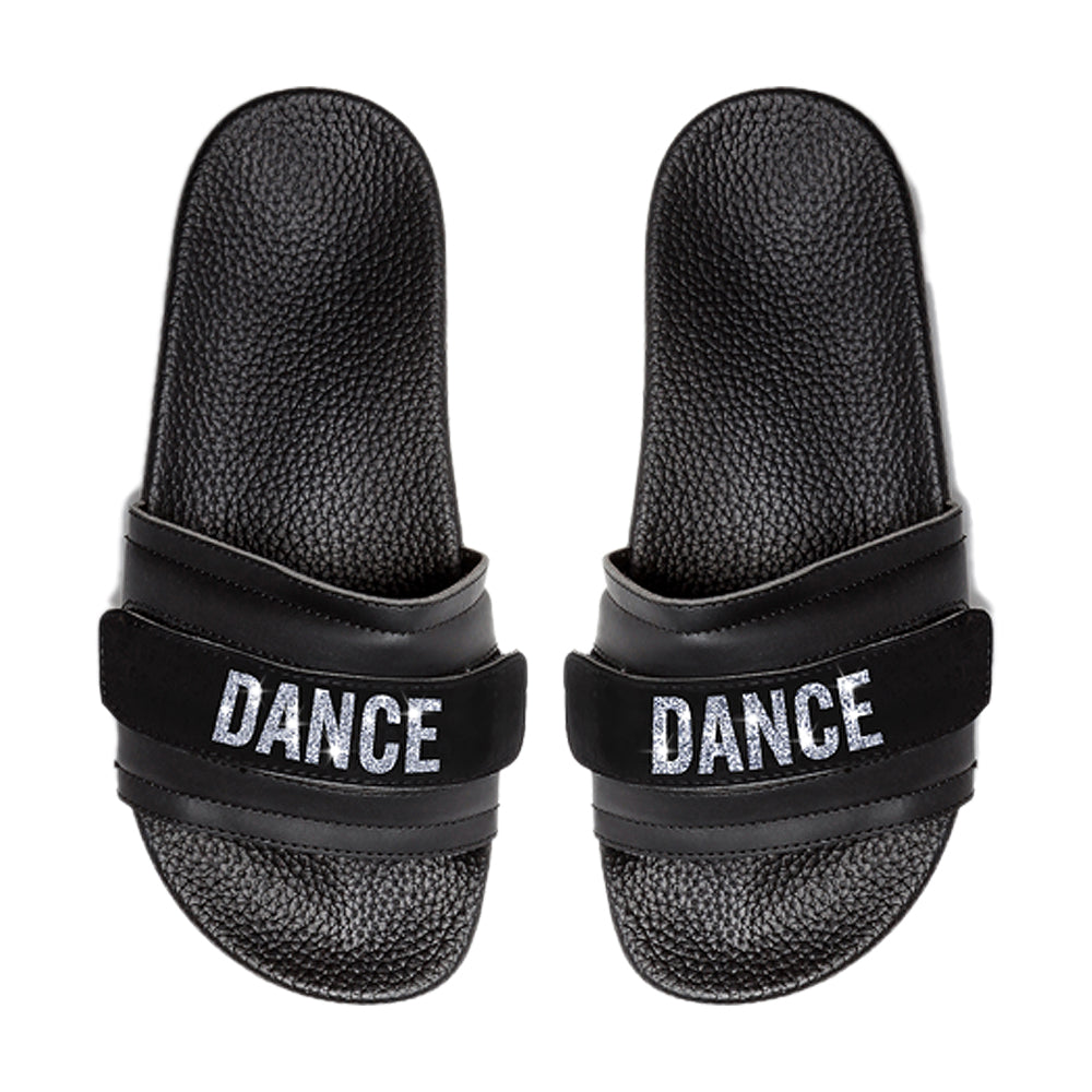 Pair of Pastry Youth Recovery Slide with Glitter Dance straps top view