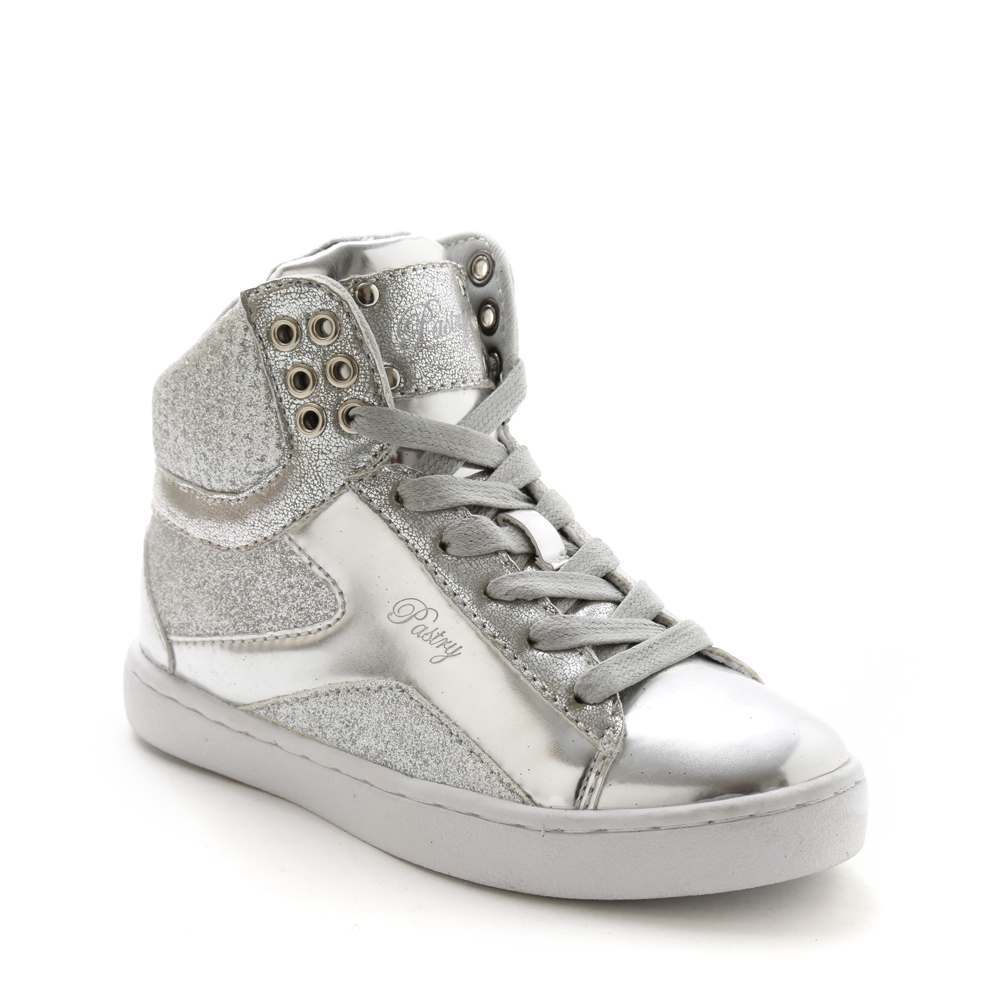 Pastry Pop Tart Glitter Youth Sneaker in Silver in 3 quarter view